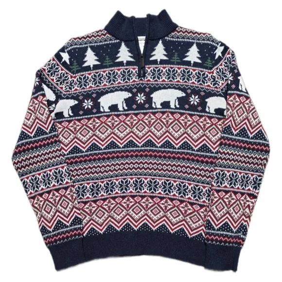 ASPEN Fair Isle Polar Bear Christmas Holiday 1/4 Zip Knit Sweater Size L - Picture 2 of 16